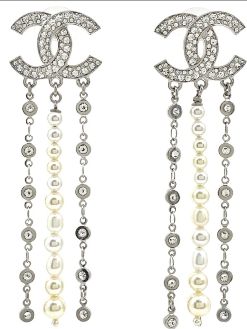 Chanel CC Logo Pearl Rhinestone Dangling Earrings